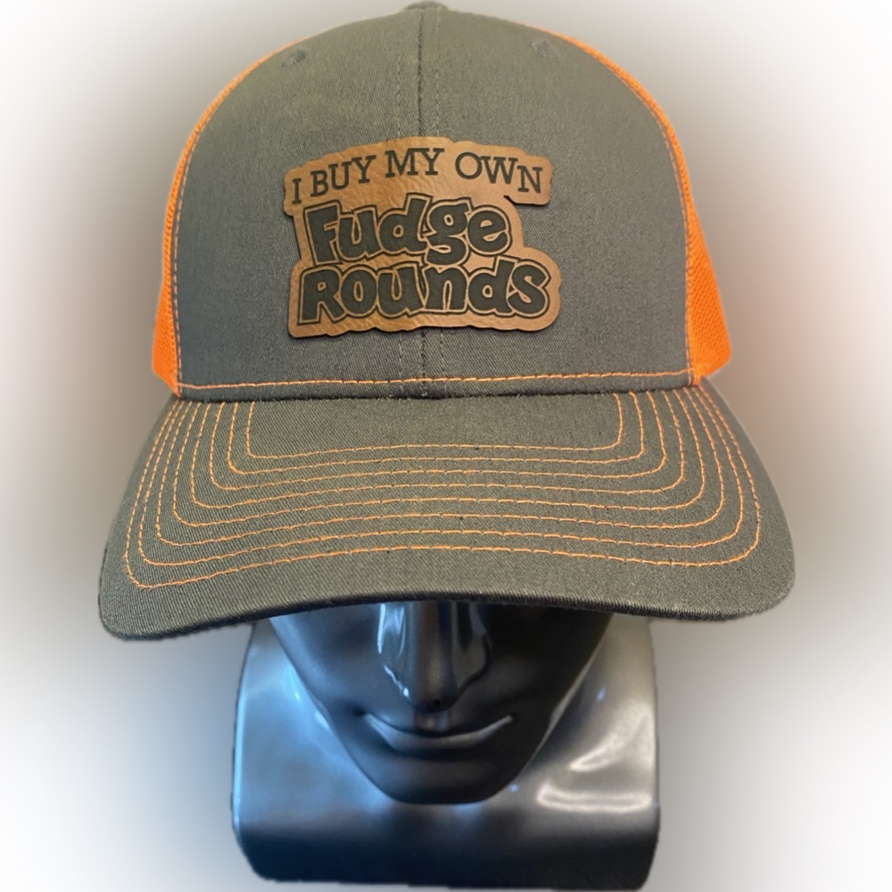 I BUY MY OWN FUDGE ROUNDS Trucker Snapback Leather Patch Cap Orange And Gray